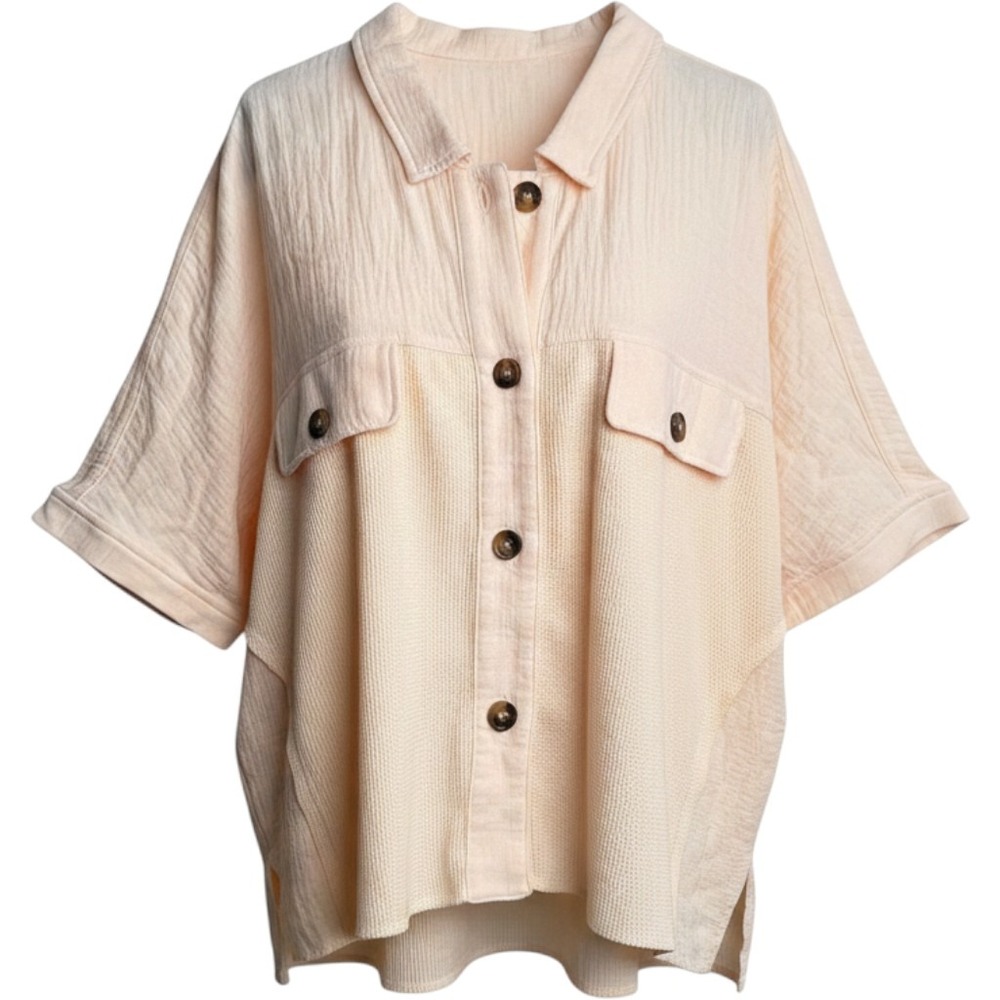 Peach Gauze Waffle Knit Shirt L Button Down Oversized Lightweight Summer Resort